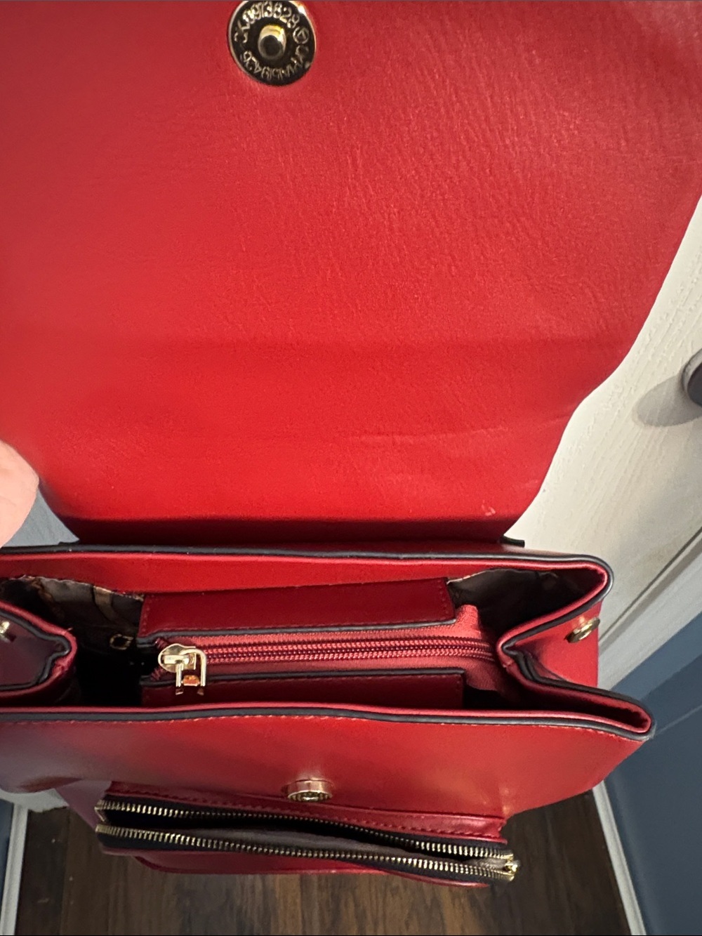 Structured Red Faux Leather Women's Backpack with Front Pocket - Picture 12 of 14